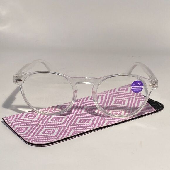 Reading Glasses 1.50 Sleek Sleek Shiny Clear Round NWT